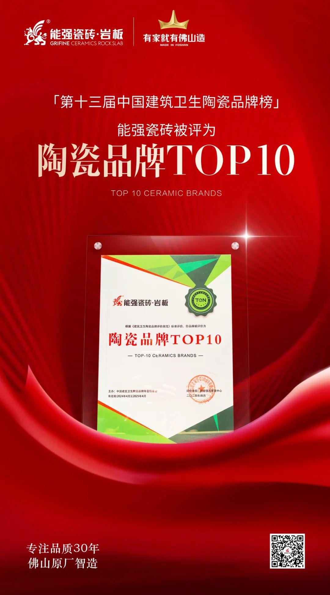 匠心榮耀丨能強瓷磚斬獲“陶瓷品牌TOP10”殊榮！